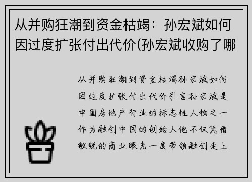 从并购狂潮到资金枯竭：孙宏斌如何因过度扩张付出代价(孙宏斌收购了哪些)