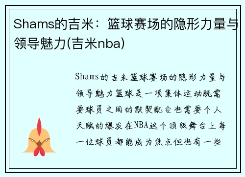 Shams的吉米：篮球赛场的隐形力量与领导魅力(吉米nba)